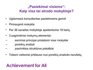 „Pasiekimai visiems“:
          Kaip visa tai atrodo mokykloje?
• Ugdomasis konsultantas pasiekimams gerinti
• Pirmaujanti mokykla
• Per 36 savaites mokykloje apsilankoma 18 kartų
• 3 pagrindiniai mokymų elementai:
–      esminiai principai pristatomi visai mokyklai
–      poreikių analizė
–      pasirinktos struktūros pokalbiai

• Tolesni veiksmai priklauso nuo poreikių analizės rezultatų
 