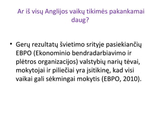 Ar iš visų Anglijos vaikų tikimės pakankamai
                       daug?


• Gerų rezultatų švietimo srityje pasiekiančių
  EBPO (Ekonominio bendradarbiavimo ir
  plėtros organizacijos) valstybių narių tėvai,
  mokytojai ir piliečiai yra įsitikinę, kad visi
  vaikai gali sėkmingai mokytis (EBPO, 2010).
 