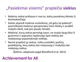 „Pasiekimai visiems” praplečia siekius
• Mokinio siekiai priklauso ir nuo to, kokių pasiekimų tikimės iš
  besimokančiojo.
• Siekiai atspindi mokinio nusiteikimą „Aš galiu tai padaryti”,
  pasireiškiantį mokiniui apsisprendus imtis iššūkių ir pradėti
  mokytis tikint, kad jam pavyks išmokti.
• Mokiniai, kurių siekiai pernelyg siauri, ne visada daug tikisi iš
  gyvenimo ir paprastai neplanuoja tęsti mokslų bei
  nedalyvauja popamokinėje veikloje.
• Norint praplėsti jų siekius, reikia susitelkti į požiūrį,
  pasitikėjimą, tėvų siekius bei motyvaciją ir mokyklos bei
  mokytojų siekius.
       (Šaltinis: adaptuota pagal Blandford et al. 2011)
 