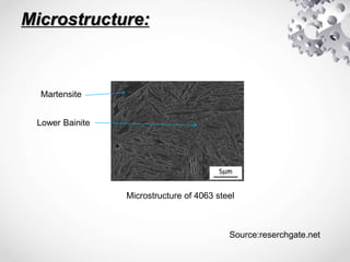 Microstructure:
Lower Bainite
Martensite
Microstructure of 4063 steel
Source:reserchgate.net