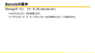 Baculaの基本
31
バックアップしたデータを管理します。
ハードディスク、テープ、オートチェンジャーなど多様なストレージを扱えます。
Storageデーモン (デーモン名:bacula-dir)
 
