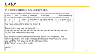 リストア
59
+-------+-------+----------+-------------+---------------------+------------+
| JobId | Level | JobFiles | JobBytes | StartTime | VolumeName |
+-------+-------+----------+-------------+---------------------+------------+
| 1 | F | 29,971 | 896,094,352 | 2015-04-02 14:47:19 | Vol-0001 |
+-------+-------+----------+-------------+---------------------+------------+
You have selected the following JobId: 1
Building directory tree for JobId(s) 1 ...
++++++++++++++++++++++++++++++++++++++++++++
26,641 files inserted into the tree.
You are now entering file selection mode where you add (mark) and
remove (unmark) files to be restored. No files are initially added, unless
you used the "all" keyword on the command line.
Enter "done" to leave this mode.
cwd is: /
$
「5」を選択すると自動的に以下のような画面になります。
 