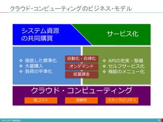  徹底した標準化
 大量購入
 負荷の平準化
 APIの充実・整備
 セルフサービス化
 機能のメニュー化
クラウド・コンピューティングのビジネス・モデル
19
クラウド・コンピューティング
オンデマンド
従量課金
自動化・自律化
システム資源
の共同購買
サービス化
低コスト 俊敏性 スケーラビリティ
 