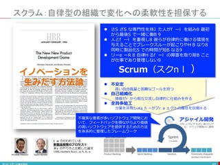 スクラム：自律型の組織で変化への柔軟性を担保する
93
 さまざまな専門性を持った人がチームを組み、最初
から最後まで一緒に働く。
 人とチームを重視し、彼らが自律的に働ける環境を
与えることでブレークスルーが起こりやすくなり、
同時に製品化までの時間が短くなる。
 リーダーは、自律するチームの障害を取り除くこと
が仕事であり管理しない。
日本で行われている
新製品開発のプロセスを
米国のやり方と比較した論文
1986,Harvard Business Review
Scrum（スクラム）
1990年代Jeff Sutherlandらが
ソフトウェア開発のに適用
アジャイル開発
 不安定
高い自由裁量と困難なゴールを持つ
 自己組織化
情報ゼロから相互交流し自律的に仕組みを作る
 全員多能工
分業を共有しメンバーがプロジェクトの責任を自覚する
イノベーションを
生みだす方法論
l S S J f l 8
S B 9
l f l 8
H B 8
S B 9
l e R 8 H f l B
9
t w
v
6 1, , 6 ,
n l
u , , 0 1
d i
l
l
r
l
s h r a H
不確実な要素が多いソフトウェア開発にお
いて、フィードバックを得ながらより価値
の高いソフトウェアを提供するための方法
を体系的に整理したフレームワーク
 