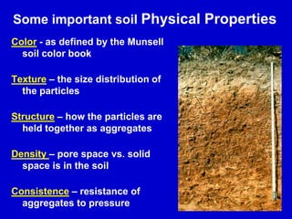 Some important soil Physical Properties
Color - as defined by the Munsell
soil color book
Texture – the size distribution of
the particles
Structure – how the particles are
held together as aggregates
Density – pore space vs. solid
space is in the soil
Consistence – resistance of
aggregates to pressure
 