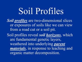 Soil Profiles
Soil profiles are two-dimensional slices
or exposures of soils like we can view
from a road cut or a soil pit.
Soil profiles reveal soil horizons, which
are fundamental genetic layers,
weathered into underlying parent
materials, in response to leaching and
organic matter decomposition.
 