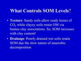 What Controls SOM Levels?
• Texture: Sandy soils allow ready losses of
CO2 while clayey soils retain OM via
humus clay associations. So, SOM increases
with clay content!
• Drainage: Poorly drained wet soils retain
SOM due the slow nature of anaerobic
decomposition
 