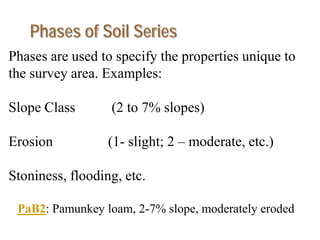 Phases are used to specify the properties unique to
the survey area. Examples:
Slope Class (2 to 7% slopes)
Erosion (1- slight; 2 – moderate, etc.)
Stoniness, flooding, etc.
PaB2: Pamunkey loam, 2-7% slope, moderately eroded
Phases of Soil Series
 