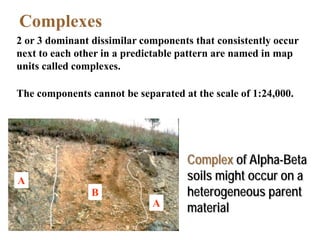 Complex of Alpha-Beta
soils might occur on a
heterogeneous parent
material
A
B
A
Complexes
2 or 3 dominant dissimilar components that consistently occur
next to each other in a predictable pattern are named in map
units called complexes.
The components cannot be separated at the scale of 1:24,000.
 