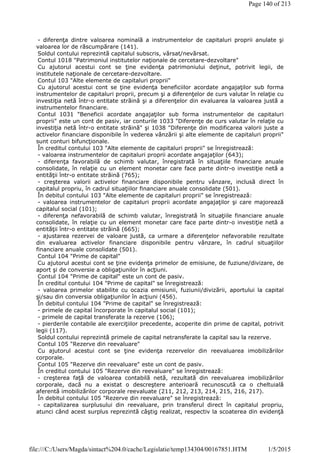 - diferenţa dintre valoarea nominală a instrumentelor de capitaluri proprii anulate şi
valoarea lor de răscumpărare (141).
Soldul contului reprezintă capitalul subscris, vărsat/nevărsat.
Contul 1018 "Patrimoniul institutelor naţionale de cercetare-dezvoltare"
Cu ajutorul acestui cont se ţine evidenţa patrimoniului deţinut, potrivit legii, de
institutele naţionale de cercetare-dezvoltare.
Contul 103 "Alte elemente de capitaluri proprii"
Cu ajutorul acestui cont se ţine evidenţa beneficiilor acordate angajaţilor sub forma
instrumentelor de capitaluri proprii, precum şi a diferenţelor de curs valutar în relaţie cu
investiţia netă într-o entitate străină şi a diferenţelor din evaluarea la valoarea justă a
instrumentelor financiare.
Contul 1031 "Beneficii acordate angajaţilor sub forma instrumentelor de capitaluri
proprii" este un cont de pasiv, iar conturile 1033 "Diferenţe de curs valutar în relaţie cu
investiţia netă într-o entitate străină" şi 1038 "Diferenţe din modificarea valorii juste a
activelor financiare disponibile în vederea vânzării şi alte elemente de capitaluri proprii"
sunt conturi bifuncţionale.
În creditul contului 103 "Alte elemente de capitaluri proprii" se înregistrează:
- valoarea instrumentelor de capitaluri proprii acordate angajaţilor (643);
- diferenţa favorabilă de schimb valutar, înregistrată în situaţiile financiare anuale
consolidate, în relaţie cu un element monetar care face parte dintr-o investiţie netă a
entităţii într-o entitate străină (765);
- creşterea valorii activelor financiare disponibile pentru vânzare, inclusă direct în
capitalul propriu, în cadrul situaţiilor financiare anuale consolidate (501).
În debitul contului 103 "Alte elemente de capitaluri proprii" se înregistrează:
- valoarea instrumentelor de capitaluri proprii acordate angajaţilor şi care majorează
capitalul social (101);
- diferenţa nefavorabilă de schimb valutar, înregistrată în situaţiile financiare anuale
consolidate, în relaţie cu un element monetar care face parte dintr-o investiţie netă a
entităţii într-o entitate străină (665);
- ajustarea rezervei de valoare justă, ca urmare a diferenţelor nefavorabile rezultate
din evaluarea activelor financiare disponibile pentru vânzare, în cadrul situaţiilor
financiare anuale consolidate (501).
Contul 104 "Prime de capital"
Cu ajutorul acestui cont se ţine evidenţa primelor de emisiune, de fuziune/divizare, de
aport şi de conversie a obligaţiunilor în acţiuni.
Contul 104 "Prime de capital" este un cont de pasiv.
În creditul contului 104 "Prime de capital" se înregistrează:
- valoarea primelor stabilite cu ocazia emisiunii, fuziunii/divizării, aportului la capital
şi/sau din conversia obligaţiunilor în acţiuni (456).
În debitul contului 104 "Prime de capital" se înregistrează:
- primele de capital încorporate în capitalul social (101);
- primele de capital transferate la rezerve (106);
- pierderile contabile ale exerciţiilor precedente, acoperite din prime de capital, potrivit
legii (117).
Soldul contului reprezintă primele de capital netransferate la capital sau la rezerve.
Contul 105 "Rezerve din reevaluare"
Cu ajutorul acestui cont se ţine evidenţa rezervelor din reevaluarea imobilizărilor
corporale.
Contul 105 "Rezerve din reevaluare" este un cont de pasiv.
În creditul contului 105 "Rezerve din reevaluare" se înregistrează:
- creşterea faţă de valoarea contabilă netă, rezultată din reevaluarea imobilizărilor
corporale, dacă nu a existat o descreştere anterioară recunoscută ca o cheltuială
aferentă imobilizărilor corporale reevaluate (211, 212, 213, 214, 215, 216, 217).
În debitul contului 105 "Rezerve din reevaluare" se înregistrează:
- capitalizarea surplusului din reevaluare, prin transferul direct în capitalul propriu,
atunci când acest surplus reprezintă câştig realizat, respectiv la scoaterea din evidenţă
Page 140 of 213
1/5/2015file:///C:/Users/Magda/sintact%204.0/cache/Legislatie/temp134304/00167851.HTM
 