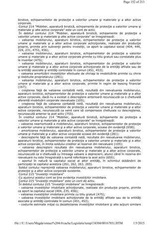 birotice, echipamentelor de protecţie a valorilor umane şi materiale şi a altor active
corporale.
Contul 214 "Mobilier, aparatură birotică, echipamente de protecţie a valorilor umane şi
materiale şi alte active corporale" este un cont de activ.
În debitul contului 214 "Mobilier, aparatură birotică, echipamente de protecţie a
valorilor umane şi materiale şi alte active corporale" se înregistrează:
- valoarea mobilierului, aparaturii birotice, echipamentelor de protecţie a valorilor
umane şi materiale şi a altor active corporale achiziţionate, realizate din producţie
proprie, primite prin subvenţii pentru investiţii, ca aport la capitalul social (404, 446,
224, 231, 4751, 456);
- valoarea mobilierului, aparaturii birotice, echipamentelor de protecţie a valorilor
umane şi materiale şi a altor active corporale primite cu titlu gratuit sau constatate plus
la inventar (475);
- valoarea mobilierului, aparaturii birotice, echipamentelor de protecţie a valorilor
umane şi materiale şi a altor active corporale achiziţionate de la entităţi afiliate sau de
la entităţi asociate şi entităţi controlate în comun (451, 453);
- valoarea amortizării investiţiilor efectuate de chiriaşi la imobilizările primite cu chirie
şi restituite proprietarului (281);
- valoarea mobilierului, aparaturii birotice, echipamentelor de protecţie a valorilor
umane şi materiale şi a altor active corporale, primite în regim de leasing financiar
(167);
- creşterea faţă de valoarea contabilă netă, rezultată din reevaluarea mobilierului,
aparaturii birotice, echipamentelor de protecţie a valorilor umane şi materiale şi a altor
active corporale, dacă nu a existat o descreştere anterioară recunoscută ca o cheltuială
aferentă imobilizării corporale reevaluate (105);
- creşterea faţă de valoarea contabilă netă, rezultată din reevaluarea mobilierului,
aparaturii birotice, echipamentelor de protecţie a valorilor umane şi materiale şi a altor
active corporale, recunoscută ca venit care să compenseze cheltuiala cu descreşterea,
recunoscută anterior la acel activ (755).
În creditul contului 214 "Mobilier, aparatură birotică, echipamente de protecţie a
valorilor umane şi materiale şi alte active corporale" se înregistrează:
- valoarea neamortizată a mobilierului, aparaturii birotice, echipamentelor de protecţie
a valorilor umane şi materiale şi a altor active corporale, scoase din evidenţă (658);
- amortizarea mobilierului, aparaturii birotice, echipamentelor de protecţie a valorilor
umane şi materiale şi a altor active corporale scoase din evidenţă (281);
- descreşterile faţă de valoarea contabilă netă, rezultate din reevaluarea mobilierului,
aparaturii birotice, echipamentelor de protecţie a valorilor umane şi materiale şi a altor
active corporale, în limita soldului creditor al rezervei din reevaluare (105);
- valoarea descreşterii rezultate din reevaluarea mobilierului, aparaturii birotice,
echipamentelor de protecţie a valorilor umane şi materiale şi a altor active corporale,
recunoscută ca o cheltuială cu întreaga valoare a deprecierii, atunci când în rezerva din
reevaluare nu este înregistrată o sumă referitoare la acel activ (655);
- aportul în natură la capitalul social al altor entităţi, în schimbul dobândirii de
participaţii la capitalul acestora (261, 262, 263, 265).
Soldul contului reprezintă valoarea mobilierului, aparaturii birotice, echipamentelor de
protecţie şi a altor active corporale existente.
Contul 215 "Investiţii imobiliare"
Cu ajutorul acestui cont se ţine evidenţa investiţiilor imobiliare.
Contul 215 "Investiţii imobiliare" este un cont de activ.
În debitul contului 215 "Investiţii imobiliare" se înregistrează:
- valoarea investiţiilor imobiliare achiziţionate, realizate din producţie proprie, primite
ca aport la capitalul social (404, 235, 456);
- valoarea investiţiilor imobiliare primite cu titlu gratuit (475);
- valoarea investiţiilor imobiliare achiziţionate de la entităţi afiliate sau de la entităţi
asociate şi entităţi controlate în comun (451, 453);
- costurile estimate iniţial cu dezafectarea investiţiilor imobiliare şi alte acţiuni similare
Page 152 of 213
1/5/2015file:///C:/Users/Magda/sintact%204.0/cache/Legislatie/temp134304/00167851.HTM
 