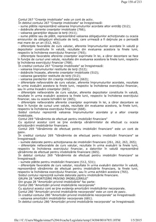 Contul 267 "Creanţe imobilizate" este un cont de activ.
În debitul contului 267 "Creanţe imobilizate" se înregistrează:
- sume plătite reprezentând valoarea împrumuturilor acordate altor entităţi (512);
- dobânzile aferente creanţelor imobilizate (766);
- valoarea garanţiilor depuse la terţi (411);
- sume plătite sau de plătit, reprezentând valoarea obligaţiunilor achiziţionate cu ocazia
emisiunilor de obligaţiuni efectuate de terţi, care urmează a fi deţinute pe o perioadă
mai mare de un an (512, 462);
- diferenţele favorabile de curs valutar, aferente împrumuturilor acordate în valută şi
depozitelor constituite în valută, rezultate din evaluarea acestora la finele lunii,
respectiv la închiderea exerciţiului financiar (765);
- diferenţele favorabile aferente creanţelor exprimate în lei, a căror decontare se face
în funcţie de cursul unei valute, rezultate din evaluarea acestora la finele lunii, respectiv
la închiderea exerciţiului financiar (768).
În creditul contului 267 "Creanţe imobilizate" se înregistrează:
- valoarea împrumuturilor restituite de terţi (512);
- dobânzile încasate, aferente creanţelor imobilizate (512);
- valoarea garanţiilor restituite de terţi (512);
- valoarea pierderilor din creanţe imobilizate (663);
- diferenţele nefavorabile de curs valutar, aferente împrumuturilor acordate, rezultate
în urma evaluării acestora la finele lunii, respectiv la închiderea exerciţiului financiar,
sau în urma încasării creanţelor (665);
- diferenţele nefavorabile de curs valutar, aferente depozitelor constituite în valută,
rezultate în urma evaluării acestora la finele lunii, respectiv la închiderea exerciţiului
financiar, sau cu ocazia lichidării lor (665);
- diferenţele nefavorabile aferente creanţelor exprimate în lei, a căror decontare se
face în funcţie de cursul unei valute, rezultate din evaluarea acestora, la finele lunii,
respectiv la închiderea exerciţiului financiar (668).
Soldul contului reprezintă valoarea împrumuturilor acordate şi a altor creanţe
imobilizate.
Contul 269 "Vărsăminte de efectuat pentru imobilizări financiare"
Cu ajutorul acestui cont se ţine evidenţa vărsămintelor de efectuat cu ocazia
achiziţionării imobilizărilor financiare.
Contul 269 "Vărsăminte de efectuat pentru imobilizări financiare" este un cont de
pasiv.
În creditul contului 269 "Vărsăminte de efectuat pentru imobilizări financiare" se
înregistrează:
- sumele datorate pentru achiziţionarea de imobilizări financiare (261, 262, 263, 265);
- diferenţele nefavorabile de curs valutar, rezultate în urma evaluării la finele lunii,
respectiv la închiderea exerciţiului financiar, a datoriilor în valută reprezentând
vărsăminte de efectuat pentru imobilizările financiare (665).
În debitul contului 269 "Vărsăminte de efectuat pentru imobilizări financiare" se
înregistrează:
- sumele plătite pentru imobilizări financiare (512, 531);
- diferenţele favorabile de curs valutar, rezultate în urma evaluării datoriilor în valută,
reprezentând vărsăminte de efectuat pentru imobilizările financiare, la finele lunii,
respectiv la închiderea exerciţiului financiar, sau în urma achitării acestora (765).
Soldul contului reprezintă sumele datorate pentru imobilizările financiare.
GRUPA 28 "AMORTIZĂRI PRIVIND IMOBILIZĂRILE"
Din grupa 28 "Amortizări privind imobilizările" fac parte:
Contul 280 "Amortizări privind imobilizările necorporale"
Cu ajutorul acestui cont se ţine evidenţa amortizării imobilizărilor necorporale.
Contul 280 "Amortizări privind imobilizările necorporale" este un cont de pasiv.
În creditul contului 280 "Amortizări privind imobilizările necorporale" se înregistrează:
- valoarea amortizării imobilizărilor necorporale (681).
În debitul contului 280 "Amortizări privind imobilizările necorporale" se înregistrează:
Page 158 of 213
1/5/2015file:///C:/Users/Magda/sintact%204.0/cache/Legislatie/temp134304/00167851.HTM
 