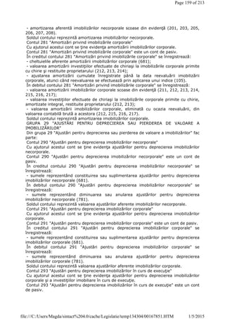 - amortizarea aferentă imobilizărilor necorporale scoase din evidenţă (201, 203, 205,
206, 207, 208).
Soldul contului reprezintă amortizarea imobilizărilor necorporale.
Contul 281 "Amortizări privind imobilizările corporale"
Cu ajutorul acestui cont se ţine evidenţa amortizării imobilizărilor corporale.
Contul 281 "Amortizări privind imobilizările corporale" este un cont de pasiv.
În creditul contului 281 "Amortizări privind imobilizările corporale" se înregistrează:
- cheltuielile aferente amortizării imobilizărilor corporale (681);
- valoarea amortizării investiţiilor efectuate de chiriaşi la imobilizările corporale primite
cu chirie şi restituite proprietarului (212, 213, 214);
- ajustarea amortizării cumulate înregistrate până la data reevaluării imobilizării
corporale, atunci când reevaluarea se efectuează prin aplicarea unui indice (105).
În debitul contului 281 "Amortizări privind imobilizările corporale" se înregistrează:
- valoarea amortizării imobilizărilor corporale scoase din evidenţă (211, 212, 213, 214,
215, 216, 217);
- valoarea investiţiilor efectuate de chiriaşi la imobilizările corporale primite cu chirie,
amortizate integral, restituite proprietarului (212, 213);
- valoarea amortizării imobilizărilor corporale, eliminată cu ocazia reevaluării, din
valoarea contabilă brută a acestora (212, 215, 216, 217).
Soldul contului reprezintă amortizarea imobilizărilor corporale.
GRUPA 29 "AJUSTĂRI PENTRU DEPRECIEREA SAU PIERDEREA DE VALOARE A
IMOBILIZĂRILOR"
Din grupa 29 "Ajustări pentru deprecierea sau pierderea de valoare a imobilizărilor" fac
parte:
Contul 290 "Ajustări pentru deprecierea imobilizărilor necorporale"
Cu ajutorul acestui cont se ţine evidenţa ajustărilor pentru deprecierea imobilizărilor
necorporale.
Contul 290 "Ajustări pentru deprecierea imobilizărilor necorporale" este un cont de
pasiv.
În creditul contului 290 "Ajustări pentru deprecierea imobilizărilor necorporale" se
înregistrează:
- sumele reprezentând constituirea sau suplimentarea ajustărilor pentru deprecierea
imobilizărilor necorporale (681).
În debitul contului 290 "Ajustări pentru deprecierea imobilizărilor necorporale" se
înregistrează:
- sumele reprezentând diminuarea sau anularea ajustărilor pentru deprecierea
imobilizărilor necorporale (781).
Soldul contului reprezintă valoarea ajustărilor aferente imobilizărilor necorporale.
Contul 291 "Ajustări pentru deprecierea imobilizărilor corporale"
Cu ajutorul acestui cont se ţine evidenţa ajustărilor pentru deprecierea imobilizărilor
corporale.
Contul 291 "Ajustări pentru deprecierea imobilizărilor corporale" este un cont de pasiv.
În creditul contului 291 "Ajustări pentru deprecierea imobilizărilor corporale" se
înregistrează:
- sumele reprezentând constituirea sau suplimentarea ajustărilor pentru deprecierea
imobilizărilor corporale (681).
În debitul contului 291 "Ajustări pentru deprecierea imobilizărilor corporale" se
înregistrează:
- sumele reprezentând diminuarea sau anularea ajustărilor pentru deprecierea
imobilizărilor corporale (781).
Soldul contului reprezintă valoarea ajustărilor aferente imobilizărilor corporale.
Contul 293 "Ajustări pentru deprecierea imobilizărilor în curs de execuţie"
Cu ajutorul acestui cont se ţine evidenţa ajustărilor pentru deprecierea imobilizărilor
corporale şi a investiţiilor imobiliare în curs de execuţie.
Contul 293 "Ajustări pentru deprecierea imobilizărilor în curs de execuţie" este un cont
de pasiv.
Page 159 of 213
1/5/2015file:///C:/Users/Magda/sintact%204.0/cache/Legislatie/temp134304/00167851.HTM
 