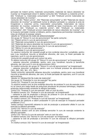 perioadei de materii prime, materiale consumabile, materiale de natura obiectelor de
inventar se înregistrează direct în debitul conturilor 601 "Cheltuieli cu materiile prime",
602 "Cheltuieli cu materialele consumabile" şi 603 "Cheltuieli privind materialele de
natura obiectelor de inventar".
Conturile 301 "Materii prime", 302 "Materiale consumabile" şi 303 "Materiale de natura
obiectelor de inventar" se debitează numai la sfârşitul perioadei cu valoarea la preţ de
înregistrare a materiilor prime, materialelor consumabile, materialelor de natura
obiectelor de inventar, existente în stoc, stabilită pe baza inventarului, prin creditul
conturilor 601 "Cheltuieli cu materiile prime", 602 "Cheltuieli cu materialele
consumabile", 603 "Cheltuieli privind materialele de natura obiectelor de inventar", iar,
la începutul perioadei imediat următoare, pentru respectarea permanenţei metodelor se
reiau pe cheltuieli la aceeaşi valoare.
GRUPA 32 "STOCURI ÎN CURS DE APROVIZIONARE"
Din grupa 32 "Stocuri în curs de aprovizionare" fac parte conturile:
321 "Materii prime în curs de aprovizionare";
322 "Materiale consumabile în curs de aprovizionare";
323 "Materiale de natura obiectelor de inventar în curs de aprovizionare";
326 "Active biologice de natura stocurilor în curs de aprovizionare";
327 "Mărfuri în curs de aprovizionare";
328 "Ambalaje în curs de aprovizionare".
Cu ajutorul conturilor din această grupă se ţine evidenţa stocurilor cumpărate, pentru
care s-au transferat riscurile şi beneficiile aferente, dar care, la finele perioadei de
raportare, sunt în curs de aprovizionare.
Conturile din această grupă sunt conturi de activ.
În debitul conturilor din grupa 32 "Stocuri în curs de aprovizionare" se înregistrează:
- valoarea stocurilor cumpărate, pentru care s-au transferat riscurile şi beneficiile
aferente, dar care sunt în curs de aprovizionare (401).
În creditul conturilor din grupa 32 "Stocuri în curs de aprovizionare" se înregistrează:
- valoarea stocurilor cumpărate, pentru care s-a încheiat procesul de aprovizionare
(301, 302, 303, 361, 371, 381).
Soldul conturilor reprezintă valoarea stocurilor cumpărate, pentru care s-au transferat
riscurile şi beneficiile aferente, dar care, la finele perioadei de raportare, sunt în curs de
aprovizionare.
GRUPA 33 "PRODUCŢIE ÎN CURS DE EXECUŢIE"
Din grupa 33 "Producţie în curs de execuţie" fac parte:
Contul 331 "Produse în curs de execuţie"
Cu ajutorul acestui cont se ţine evidenţa stocurilor de produse în curs de execuţie (care
nu au trecut prin toate fazele de prelucrare prevăzute de procesul tehnologic, respectiv
producţia neterminată) existente la sfârşitul perioadei.
Contul 331 "Produse în curs de execuţie" este un cont de activ.
În debitul contului 331 "Produse în curs de execuţie" se înregistrează:
- valoarea la cost de producţie a stocului de produse în curs de execuţie la sfârşitul
perioadei, stabilită pe bază de inventar (711).
În creditul contului 331 "Produse în curs de execuţie" se înregistrează:
- scăderea din gestiune a valorii produselor în curs de execuţie la începutul perioadei
următoare (711).
Soldul contului reprezintă valoarea la cost de producţie a produselor aflate în curs de
execuţie la sfârşitul perioadei.
Contul 332 "Servicii în curs de execuţie"
Cu ajutorul acestui cont se ţine evidenţa serviciilor în curs de execuţie existente la
sfârşitul perioadei.
Contul 332 "Servicii în curs de execuţie" este un cont de activ.
În debitul contului 332 "Servicii în curs de execuţie" se înregistrează:
- valoarea la cost de producţie a serviciilor în curs de execuţie la sfârşitul perioadei
(712).
În creditul contului 332 "Servicii în curs de execuţie" se înregistrează:
Page 163 of 213
1/5/2015file:///C:/Users/Magda/sintact%204.0/cache/Legislatie/temp134304/00167851.HTM
 