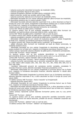 - valoarea avansurilor decontate furnizorilor de imobilizări (409);
- valoarea garanţiilor depuse la terţi (167);
- valoarea acceptată a efectelor de plătit pentru imobilizări (405);
- datorii prescrise, scutite sau anulate, potrivit legii (758);
- valoarea sconturilor obţinute de la furnizorii de imobilizări (767);
- diferenţele favorabile de curs valutar aferente datoriilor către furnizorii de imobilizări,
la decontarea acestora sau cu ocazia evaluării (765);
- diferenţele favorabile aferente datoriilor exprimate în lei, a căror decontare se face în
funcţie de cursul unei valute, înregistrate la decontarea acestora sau cu ocazia evaluării
lor la finele lunii, respectiv la închiderea exerciţiului financiar (768).
Soldul contului reprezintă sumele datorate furnizorilor de imobilizări.
Contul 405 "Efecte de plătit pentru imobilizări"
Cu ajutorul acestui cont se ţine evidenţa obligaţiilor de plată către furnizorii de
imobilizări, pe bază de efecte comerciale (bilet la ordin, cambie etc.).
Contul 405 "Efecte de plătit pentru imobilizări" este un cont de pasiv.
În creditul contului 405 "Efecte de plătit pentru imobilizări" se înregistrează:
- valoarea acceptată a efectelor comerciale de plătit pentru imobilizări (404);
- diferenţele nefavorabile de curs valutar din evaluarea soldului în valută, înregistrate
la finele lunii, respectiv la închiderea exerciţiului financiar (665).
În debitul contului 405 "Efecte de plătit pentru imobilizări" se înregistrează:
- plăţile efectuate către furnizorii de imobilizări pe bază de efecte comerciale, la
scadenţa acestora (512);
- diferenţele favorabile de curs valutar înregistrate la decontarea acestora sau cu
ocazia evaluării lor la finele lunii, respectiv la închiderea exerciţiului financiar (765).
Soldul contului reprezintă valoarea efectelor de plătit pentru imobilizările achiziţionate.
Contul 408 "Furnizori - facturi nesosite"
Cu ajutorul acestui cont se ţine evidenţa decontărilor cu furnizorii pentru
aprovizionările de bunuri şi prestările de servicii, pentru care nu s-au primit facturi.
Contul 408 "Furnizori - facturi nesosite" este un cont de pasiv.
În creditul contului 408 "Furnizori - facturi nesosite" se înregistrează:
- valoarea bunurilor aprovizionate sau a serviciilor prestate de către furnizori, precum
şi a altor datorii către aceştia (301, 302, 303, 361, 371, 381, 4428, 604, 605, 611 la
626, 628, 658);
- rezultatul nefavorabil provenit din corectarea erorilor contabile, constatate în
exerciţiul financiar curent, aferente exerciţiilor financiare precedente (117);
- diferenţele nefavorabile de curs valutar înregistrate la primirea facturii sau la finele
lunii, respectiv la închiderea exerciţiului financiar, aferente datoriilor în valută către
furnizori (665);
- diferenţele nefavorabile înregistrate la primirea facturii sau la închiderea exerciţiului,
aferente datoriilor exprimate în lei, a căror decontare se face în funcţie de cursul unei
valute (668).
În debitul contului 408 "Furnizori - facturi nesosite" se înregistrează:
- valoarea facturilor sosite (401);
- diferenţele favorabile de curs valutar înregistrate la primirea facturii sau la finele
lunii, respectiv la închiderea exerciţiului financiar (765);
- diferenţele favorabile aferente datoriilor exprimate în lei, a căror decontare se face în
funcţie de cursul unei valute, înregistrate la primirea facturii sau la finele lunii, respectiv
la închiderea exerciţiului financiar (768).
Soldul contului reprezintă sumele datorate furnizorilor pentru care nu s-au primit
facturi.
Contul 409 "Furnizori - debitori"
Cu ajutorul acestui cont se ţine evidenţa avansurilor acordate furnizorilor pentru
cumpărări de bunuri de natura stocurilor, prestări de servicii, imobilizări corporale sau
necorporale.
Contul 409 "Furnizori - debitori" este un cont de activ.
În debitul contului 409 "Furnizori - debitori" se înregistrează:
Page 172 of 213
1/5/2015file:///C:/Users/Magda/sintact%204.0/cache/Legislatie/temp134304/00167851.HTM
 