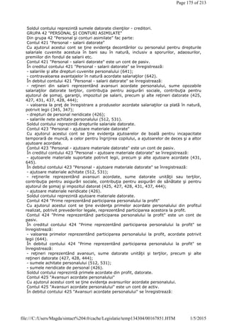 Soldul contului reprezintă sumele datorate clienţilor - creditori.
GRUPA 42 "PERSONAL ŞI CONTURI ASIMILATE"
Din grupa 42 "Personal şi conturi asimilate" fac parte:
Contul 421 "Personal - salarii datorate"
Cu ajutorul acestui cont se ţine evidenţa decontărilor cu personalul pentru drepturile
salariale cuvenite acestuia în bani sau în natură, inclusiv a sporurilor, adaosurilor,
premiilor din fondul de salarii etc.
Contul 421 "Personal - salarii datorate" este un cont de pasiv.
În creditul contului 421 "Personal - salarii datorate" se înregistrează:
- salariile şi alte drepturi cuvenite personalului (641);
- contravaloarea avantajelor în natură acordate salariaţilor (642).
În debitul contului 421 "Personal - salarii datorate" se înregistrează:
- reţineri din salarii reprezentând avansuri acordate personalului, sume opozabile
salariaţilor datorate terţilor, contribuţia pentru asigurări sociale, contribuţia pentru
ajutorul de şomaj, garanţii, impozitul pe salarii, precum şi alte reţineri datorate (425,
427, 431, 437, 428, 444);
- valoarea la preţ de înregistrare a produselor acordate salariaţilor ca plată în natură,
potrivit legii (345, 347);
- drepturi de personal neridicate (426);
- salariile nete achitate personalului (512, 531).
Soldul contului reprezintă drepturile salariale datorate.
Contul 423 "Personal - ajutoare materiale datorate"
Cu ajutorul acestui cont se ţine evidenţa ajutoarelor de boală pentru incapacitate
temporară de muncă, a celor pentru îngrijirea copilului, a ajutoarelor de deces şi a altor
ajutoare acordate.
Contul 423 "Personal - ajutoare materiale datorate" este un cont de pasiv.
În creditul contului 423 "Personal - ajutoare materiale datorate" se înregistrează:
- ajutoarele materiale suportate potrivit legii, precum şi alte ajutoare acordate (431,
645).
În debitul contului 423 "Personal - ajutoare materiale datorate" se înregistrează:
- ajutoare materiale achitate (512, 531);
- reţinerile reprezentând avansuri acordate, sume datorate unităţii sau terţilor,
contribuţia pentru asigurări sociale, contribuţia pentru asigurări de sănătate şi pentru
ajutorul de şomaj şi impozitul datorat (425, 427, 428, 431, 437, 444);
- ajutoare materiale neridicate (426).
Soldul contului reprezintă ajutoare materiale datorate.
Contul 424 "Prime reprezentând participarea personalului la profit"
Cu ajutorul acestui cont se ţine evidenţa primelor acordate personalului din profitul
realizat, potrivit prevederilor legale, reprezentând participarea acestora la profit.
Contul 424 "Prime reprezentând participarea personalului la profit" este un cont de
pasiv.
În creditul contului 424 "Prime reprezentând participarea personalului la profit" se
înregistrează:
- valoarea primelor reprezentând participarea personalului la profit, acordate potrivit
legii (644).
În debitul contului 424 "Prime reprezentând participarea personalului la profit" se
înregistrează:
- reţineri reprezentând avansuri, sume datorate unităţii şi terţilor, precum şi alte
reţineri datorate (427, 428, 444);
- sumele achitate personalului (512, 531);
- sumele neridicate de personal (426).
Soldul contului reprezintă primele acordate din profit, datorate.
Contul 425 "Avansuri acordate personalului"
Cu ajutorul acestui cont se ţine evidenţa avansurilor acordate personalului.
Contul 425 "Avansuri acordate personalului" este un cont de activ.
În debitul contului 425 "Avansuri acordate personalului" se înregistrează:
Page 175 of 213
1/5/2015file:///C:/Users/Magda/sintact%204.0/cache/Legislatie/temp134304/00167851.HTM
 