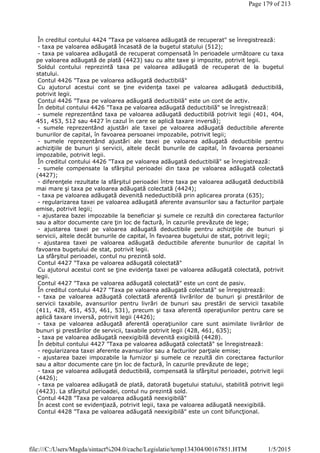 În creditul contului 4424 "Taxa pe valoarea adăugată de recuperat" se înregistrează:
- taxa pe valoarea adăugată încasată de la bugetul statului (512);
- taxa pe valoarea adăugată de recuperat compensată în perioadele următoare cu taxa
pe valoarea adăugată de plată (4423) sau cu alte taxe şi impozite, potrivit legii.
Soldul contului reprezintă taxa pe valoarea adăugată de recuperat de la bugetul
statului.
Contul 4426 "Taxa pe valoarea adăugată deductibilă"
Cu ajutorul acestui cont se ţine evidenţa taxei pe valoarea adăugată deductibilă,
potrivit legii.
Contul 4426 "Taxa pe valoarea adăugată deductibilă" este un cont de activ.
În debitul contului 4426 "Taxa pe valoarea adăugată deductibilă" se înregistrează:
- sumele reprezentând taxa pe valoarea adăugată deductibilă potrivit legii (401, 404,
451, 453, 512 sau 4427 în cazul în care se aplică taxare inversă);
- sumele reprezentând ajustări ale taxei pe valoarea adăugată deductibile aferente
bunurilor de capital, în favoarea persoanei impozabile, potrivit legii;
- sumele reprezentând ajustări ale taxei pe valoarea adăugată deductibile pentru
achiziţiile de bunuri şi servicii, altele decât bunurile de capital, în favoarea persoanei
impozabile, potrivit legii.
În creditul contului 4426 "Taxa pe valoarea adăugată deductibilă" se înregistrează:
- sumele compensate la sfârşitul perioadei din taxa pe valoarea adăugată colectată
(4427);
- diferenţele rezultate la sfârşitul perioadei între taxa pe valoarea adăugată deductibilă
mai mare şi taxa pe valoarea adăugată colectată (4424);
- taxa pe valoarea adăugată devenită nedeductibilă prin aplicarea prorata (635);
- regularizarea taxei pe valoarea adăugată aferente avansurilor sau a facturilor parţiale
emise, potrivit legii;
- ajustarea bazei impozabile la beneficiar şi sumele ce rezultă din corectarea facturilor
sau a altor documente care ţin loc de factură, în cazurile prevăzute de lege;
- ajustarea taxei pe valoarea adăugată deductibile pentru achiziţiile de bunuri şi
servicii, altele decât bunurile de capital, în favoarea bugetului de stat, potrivit legii;
- ajustarea taxei pe valoarea adăugată deductibile aferente bunurilor de capital în
favoarea bugetului de stat, potrivit legii.
La sfârşitul perioadei, contul nu prezintă sold.
Contul 4427 "Taxa pe valoarea adăugată colectată"
Cu ajutorul acestui cont se ţine evidenţa taxei pe valoarea adăugată colectată, potrivit
legii.
Contul 4427 "Taxa pe valoarea adăugată colectată" este un cont de pasiv.
În creditul contului 4427 "Taxa pe valoarea adăugată colectată" se înregistrează:
- taxa pe valoarea adăugată colectată aferentă livrărilor de bunuri şi prestărilor de
servicii taxabile, avansurilor pentru livrări de bunuri sau prestări de servicii taxabile
(411, 428, 451, 453, 461, 531), precum şi taxa aferentă operaţiunilor pentru care se
aplică taxare inversă, potrivit legii (4426);
- taxa pe valoarea adăugată aferentă operaţiunilor care sunt asimilate livrărilor de
bunuri şi prestărilor de servicii, taxabile potrivit legii (428, 461, 635);
- taxa pe valoarea adăugată neexigibilă devenită exigibilă (4428).
În debitul contului 4427 "Taxa pe valoarea adăugată colectată" se înregistrează:
- regularizarea taxei aferente avansurilor sau a facturilor parţiale emise;
- ajustarea bazei impozabile la furnizor şi sumele ce rezultă din corectarea facturilor
sau a altor documente care ţin loc de factură, în cazurile prevăzute de lege;
- taxa pe valoarea adăugată deductibilă, compensată la sfârşitul perioadei, potrivit legii
(4426);
- taxa pe valoarea adăugată de plată, datorată bugetului statului, stabilită potrivit legii
(4423). La sfârşitul perioadei, contul nu prezintă sold.
Contul 4428 "Taxa pe valoarea adăugată neexigibilă"
În acest cont se evidenţiază, potrivit legii, taxa pe valoarea adăugată neexigibilă.
Contul 4428 "Taxa pe valoarea adăugată neexigibilă" este un cont bifuncţional.
Page 179 of 213
1/5/2015file:///C:/Users/Magda/sintact%204.0/cache/Legislatie/temp134304/00167851.HTM
 