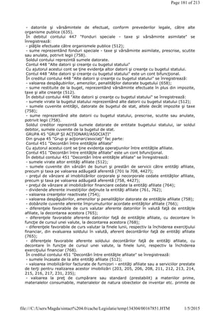 - datoriile şi vărsămintele de efectuat, conform prevederilor legale, către alte
organisme publice (635).
În debitul contului 447 "Fonduri speciale - taxe şi vărsăminte asimilate" se
înregistrează:
- plăţile efectuate către organismele publice (512);
- sume reprezentând fonduri speciale - taxe şi vărsăminte asimilate, prescrise, scutite
sau anulate, potrivit legii (758).
Soldul contului reprezintă sumele datorate.
Contul 448 "Alte datorii şi creanţe cu bugetul statului"
Cu ajutorul acestui cont se ţine evidenţa altor datorii şi creanţe cu bugetul statului.
Contul 448 "Alte datorii şi creanţe cu bugetul statului" este un cont bifuncţional.
În creditul contului 448 "Alte datorii şi creanţe cu bugetul statului" se înregistrează:
- valoarea despăgubirilor, amenzilor, penalităţilor datorate bugetului (658);
- sume restituite de la buget, reprezentând vărsăminte efectuate în plus din impozite,
taxe şi alte creanţe (512).
În debitul contului 448 "Alte datorii şi creanţe cu bugetul statului" se înregistrează:
- sumele virate la bugetul statului reprezentând alte datorii cu bugetul statului (512);
- sumele cuvenite entităţii, datorate de bugetul de stat, altele decât impozite şi taxe
(758);
- sume reprezentând alte datorii cu bugetul statului, prescrise, scutite sau anulate,
potrivit legii (758).
Soldul creditor reprezintă sumele datorate de entitate bugetului statului, iar soldul
debitor, sumele cuvenite de la bugetul de stat.
GRUPA 45 "GRUP ŞI ACŢIONARI/ASOCIAŢI"
Din grupa 45 "Grup şi acţionari/asociaţi" fac parte:
Contul 451 "Decontări între entităţile afiliate"
Cu ajutorul acestui cont se ţine evidenţa operaţiunilor între entităţile afiliate.
Contul 451 "Decontări între entităţile afiliate" este un cont bifuncţional.
În debitul contului 451 "Decontări între entităţile afiliate" se înregistrează:
- sumele virate altor entităţi afiliate (512);
- sumele cuvenite din vânzări de bunuri şi prestări de servicii către entităţi afiliate,
precum şi taxa pe valoarea adăugată aferentă (701 la 708, 4427);
- preţul de vânzare al imobilizărilor corporale şi necorporale cedate entităţilor afiliate,
precum şi taxa pe valoarea adăugată aferentă (758, 4427);
- preţul de vânzare al imobilizărilor financiare cedate la entităţi afiliate (764);
- dividende aferente investiţiilor deţinute la entităţi afiliate (761, 762);
- valoarea creanţelor reactivate (754);
- valoarea despăgubirilor, amenzilor şi penalităţilor datorate de entităţile afiliate (758);
- dobânzile cuvenite aferente împrumuturilor acordate entităţilor afiliate (766);
- diferenţele favorabile de curs valutar aferente datoriilor în valută faţă de entităţile
afiliate, la decontarea acestora (765);
- diferenţele favorabile aferente datoriilor faţă de entităţile afiliate, cu decontare în
funcţie de cursul unei valute, la decontarea acestora (768);
- diferenţele favorabile de curs valutar la finele lunii, respectiv la închiderea exerciţiului
financiar, din evaluarea soldului în valută, aferent decontărilor faţă de entităţi afiliate
(765);
- diferenţele favorabile aferente soldului decontărilor faţă de entităţi afiliate, cu
decontare în funcţie de cursul unei valute, la finele lunii, respectiv la închiderea
exerciţiului financiar (768).
În creditul contului 451 "Decontări între entităţile afiliate" se înregistrează:
- sumele încasate de la alte entităţi afiliate (512);
- valoarea imobilizărilor facturate de furnizori - entităţi afiliate sau a serviciilor prestate
de terţi pentru realizarea acestor imobilizări (203, 205, 206, 208, 211, 212, 213, 214,
215, 216, 217, 231, 235);
- valoarea la preţ de cumpărare sau standard (prestabilit) a materiilor prime,
materialelor consumabile, materialelor de natura obiectelor de inventar etc. primite de
Page 181 of 213
1/5/2015file:///C:/Users/Magda/sintact%204.0/cache/Legislatie/temp134304/00167851.HTM
 