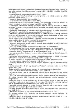 materialelor consumabile, materialelor de natura obiectelor de inventar etc. primite de
la entităţi asociate şi entităţi controlate în comun (301, 302, 303, 308, 361, 368, 371,
381, 388);
- taxa pe valoarea adăugată aferentă furnizorilor (4426);
- dobânzile datorate aferente împrumuturilor primite de la entităţi asociate şi entităţi
controlate în comun (666);
- încasarea dividendelor din participaţii (512);
- valoarea debitelor scăzute din evidenţă (654);
- diferenţele nefavorabile aferente creanţelor în valută faţă de entităţi asociate şi
entităţi controlate în comun, cu ocazia decontării acestora (665);
- diferenţele nefavorabile aferente creanţelor faţă de entităţi asociate şi entităţi
controlate în comun, cu decontare în funcţie de cursul unei valute, cu ocazia decontării
acestora (668);
- diferenţele nefavorabile de curs valutar din evaluarea soldului în valută, înregistrate
la finele lunii, respectiv la închiderea exerciţiului financiar (665);
- diferenţele nefavorabile aferente decontărilor cu entităţi asociate şi entităţi controlate
în comun, cu decontare în funcţie de cursul unei valute, înregistrate la finele lunii,
respectiv la închiderea exerciţiului financiar (668).
Soldul debitor al contului reprezintă creanţele privind interesele de participare, iar
soldul creditor, datoriile privind interesele de participare.
Contul 455 "Sume datorate acţionarilor/asociaţilor"
Cu ajutorul acestui cont se ţine evidenţa sumelor lăsate temporar la dispoziţia entităţii
de către acţionari/asociaţi.
Contul 455 "Sume datorate acţionarilor/asociaţilor" este un cont de pasiv.
În creditul contului 455 "Sume datorate acţionarilor/asociaţilor" se înregistrează:
- sumele lăsate temporar la dispoziţia entităţii de către acţionari/asociaţi (512, 531);
- dobânzile aferente sumelor depuse de acţionari/asociaţi (666);
- sumele reprezentând dividende cuvenite acţionarilor/asociaţilor şi lăsate la dispoziţia
entităţii (457);
- diferenţele nefavorabile de curs valutar, din evaluarea soldului în valută, înregistrate
la finele lunii, respectiv la închiderea exerciţiului financiar (665).
În debitul contului 455 "Sume datorate acţionarilor/asociaţilor" se înregistrează:
- sumele restituite acţionarilor/asociaţilor (512, 531);
- diferenţe favorabile de curs valutar aferente datoriilor faţă de acţionari/asociaţi
(765);
- sume reprezentând datorii faţă de acţionari/asociaţi, prescrise, scutite sau anulate,
potrivit legii (758).
Soldul contului reprezintă sumele datorate de entitate acţionarilor/asociaţilor.
Contul 456 "Decontări cu acţionarii/asociaţii privind capitalul"
Cu ajutorul acestui cont se ţine evidenţa decontărilor cu acţionarii/asociaţii privind
capitalul.
Contul 456 "Decontări cu acţionarii/asociaţii privind capitalul" este un cont bifuncţional.
În debitul contului 456 "Decontări cu acţionarii/asociaţii privind capitalul" se
înregistrează:
- capitalul subscris de acţionari/asociaţi, în natură şi/sau numerar, capitalul social
majorat prin subscrierea sau emisiunea de noi acţiuni/părţi sociale, precum şi capitalul
preluat în urma operaţiunilor de reorganizare, potrivit legii (101);
- valoarea primelor stabilite cu ocazia emisiunii, fuziunii/divizării, aportului la capital
şi/sau din conversia obligaţiunilor în acţiuni (104);
- sumele achitate acţionarilor/asociaţilor cu ocazia reducerii capitalului, în condiţiile
legii (512, 531);
- diferenţele favorabile de curs valutar aferente aportului în valută (765).
În creditul contului 456 "Decontări cu acţionarii/asociaţii privind capitalul" se
înregistrează:
- aportul în natură al acţionarilor/asociaţilor la capitalul entităţii (205, 208 la 217, 231,
235, 301, 302, 303, 361, 371, 381);
Page 183 of 213
1/5/2015file:///C:/Users/Magda/sintact%204.0/cache/Legislatie/temp134304/00167851.HTM
 
