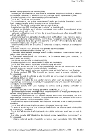 termen scurt şi preţul lor de cesiune (664);
- diferenţele nefavorabile din evaluarea la încheierea exerciţiului financiar a valorilor
mobiliare pe termen scurt admise la tranzacţionare pe o piaţă reglementată (668).
Soldul contului reprezintă valoarea obligaţiunilor existente.
Contul 507 "Certificate verzi primite"
Cu ajutorul acestui cont se ţine evidenţa certificatelor verzi primite de entitate, potrivit
legii, cu excepţia celor a căror tranzacţionare a fost amânată.
Contul 507 "Certificate verzi primite" este un cont de activ.
În debitul contului 507 "Certificate verzi primite" se înregistrează:
- valoarea certificatelor verzi primite, cu excepţia celor a căror tranzacţionare a fost
amânată, potrivit legii (445);
- valoarea certificatelor verzi primite, dar a căror tranzacţionare a fost amânată iniţial,
potrivit legii (266);
- diferenţele favorabile constatate la data primirii certificatelor verzi, inclusiv a celor a
căror tranzacţionare a fost amânată, potrivit legii, reprezentând diferenţa între preţul
de tranzacţionare de la data primirii acestora şi preţul de tranzacţionare de la data
constatării dreptului de a le primi (768);
- diferenţele favorabile din evaluarea, la încheierea exerciţiului financiar, a certificatelor
verzi (768).
În creditul contului 507 "Certificate verzi primite" se înregistrează:
- valoarea certificatelor verzi vândute (461, 512);
- pierderea reprezentând diferenţa dintre valoarea contabilă a certificatelor verzi şi
preţul lor de vânzare (664);
- diferenţele nefavorabile din evaluarea, la încheierea exerciţiului financiar, a
certificatelor verzi (668);
- certificate verzi anulate, potrivit legii (668).
Soldul contului reprezintă valoarea certificatelor verzi existente.
Contul 508 "Alte investiţii pe termen scurt şi creanţe asimilate"
Cu ajutorul acestui cont se ţine evidenţa depozitelor bancare pe termen scurt a altor
investiţii pe termen scurt şi creanţe asimilate, cumpărate.
Contul 508 "Alte investiţii pe termen scurt şi creanţe asimilate" este un cont de activ.
În debitul contului 508 "Alte investiţii pe termen scurt şi creanţe asimilate" se
înregistrează:
- valoarea la cost de achiziţie a altor investiţii pe termen scurt şi creanţe asimilate
cumpărate (509, 512, 531);
- diferenţele favorabile de curs valutar aferente altor valori de trezorerie cum sunt
depozitele pe termen scurt în valută, înregistrate la finele lunii, respectiv la închiderea
exerciţiului financiar (765).
În creditul contului 508 "Alte investiţii pe termen scurt şi creanţe asimilate" se
înregistrează:
- preţul de cesiune al altor investiţii pe termen scurt (461, 512, 531);
- pierderea reprezentând diferenţa dintre valoarea contabilă a investiţiilor financiare pe
termen scurt şi preţul lor de cesiune (664);
- diferenţele nefavorabile de curs valutar aferente altor valori de trezorerie cum sunt
depozitele pe termen scurt în valută, înregistrate la finele lunii, respectiv la închiderea
exerciţiului financiar, sau la lichidarea lor (665).
Soldul contului reprezintă valoarea altor investiţii pe termen scurt şi creanţe asimilate
existente.
Contul 509 "Vărsăminte de efectuat pentru investiţiile pe termen scurt"
Cu ajutorul acestui cont se ţine evidenţa vărsămintelor de efectuat pentru investiţiile
pe termen scurt cumpărate.
Contul 509 "Vărsăminte de efectuat pentru investiţiile pe termen scurt" este un cont de
pasiv.
În creditul contului 509 "Vărsăminte de efectuat pentru investiţiile pe termen scurt" se
înregistrează:
- valoarea datorată pentru investiţiile pe termen scurt cumpărate (501, 505, 506,
Page 190 of 213
1/5/2015file:///C:/Users/Magda/sintact%204.0/cache/Legislatie/temp134304/00167851.HTM
 
