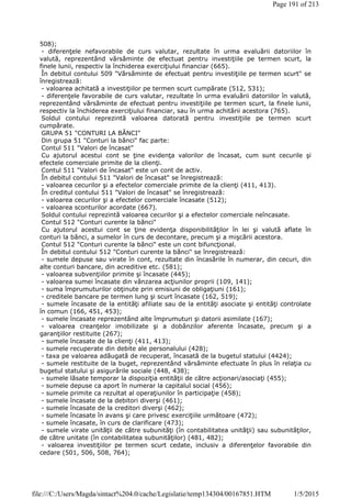 508);
- diferenţele nefavorabile de curs valutar, rezultate în urma evaluării datoriilor în
valută, reprezentând vărsăminte de efectuat pentru investiţiile pe termen scurt, la
finele lunii, respectiv la închiderea exerciţiului financiar (665).
În debitul contului 509 "Vărsăminte de efectuat pentru investiţiile pe termen scurt" se
înregistrează:
- valoarea achitată a investiţiilor pe termen scurt cumpărate (512, 531);
- diferenţele favorabile de curs valutar, rezultate în urma evaluării datoriilor în valută,
reprezentând vărsăminte de efectuat pentru investiţiile pe termen scurt, la finele lunii,
respectiv la închiderea exerciţiului financiar, sau în urma achitării acestora (765).
Soldul contului reprezintă valoarea datorată pentru investiţiile pe termen scurt
cumpărate.
GRUPA 51 "CONTURI LA BĂNCI"
Din grupa 51 "Conturi la bănci" fac parte:
Contul 511 "Valori de încasat"
Cu ajutorul acestui cont se ţine evidenţa valorilor de încasat, cum sunt cecurile şi
efectele comerciale primite de la clienţi.
Contul 511 "Valori de încasat" este un cont de activ.
În debitul contului 511 "Valori de încasat" se înregistrează:
- valoarea cecurilor şi a efectelor comerciale primite de la clienţi (411, 413).
În creditul contului 511 "Valori de încasat" se înregistrează:
- valoarea cecurilor şi a efectelor comerciale încasate (512);
- valoarea sconturilor acordate (667).
Soldul contului reprezintă valoarea cecurilor şi a efectelor comerciale neîncasate.
Contul 512 "Conturi curente la bănci"
Cu ajutorul acestui cont se ţine evidenţa disponibilităţilor în lei şi valută aflate în
conturi la bănci, a sumelor în curs de decontare, precum şi a mişcării acestora.
Contul 512 "Conturi curente la bănci" este un cont bifuncţional.
În debitul contului 512 "Conturi curente la bănci" se înregistrează:
- sumele depuse sau virate în cont, rezultate din încasările în numerar, din cecuri, din
alte conturi bancare, din acreditive etc. (581);
- valoarea subvenţiilor primite şi încasate (445);
- valoarea sumei încasate din vânzarea acţiunilor proprii (109, 141);
- suma împrumuturilor obţinute prin emisiuni de obligaţiuni (161);
- creditele bancare pe termen lung şi scurt încasate (162, 519);
- sumele încasate de la entităţi afiliate sau de la entităţi asociate şi entităţi controlate
în comun (166, 451, 453);
- sumele încasate reprezentând alte împrumuturi şi datorii asimilate (167);
- valoarea creanţelor imobilizate şi a dobânzilor aferente încasate, precum şi a
garanţiilor restituite (267);
- sumele încasate de la clienţi (411, 413);
- sumele recuperate din debite ale personalului (428);
- taxa pe valoarea adăugată de recuperat, încasată de la bugetul statului (4424);
- sumele restituite de la buget, reprezentând vărsăminte efectuate în plus în relaţia cu
bugetul statului şi asigurările sociale (448, 438);
- sumele lăsate temporar la dispoziţia entităţii de către acţionari/asociaţi (455);
- sumele depuse ca aport în numerar la capitalul social (456);
- sumele primite ca rezultat al operaţiunilor în participaţie (458);
- sumele încasate de la debitori diverşi (461);
- sumele încasate de la creditori diverşi (462);
- sumele încasate în avans şi care privesc exerciţiile următoare (472);
- sumele încasate, în curs de clarificare (473);
- sumele virate unităţii de către subunităţi (în contabilitatea unităţii) sau subunităţilor,
de către unitate (în contabilitatea subunităţilor) (481, 482);
- valoarea investiţiilor pe termen scurt cedate, inclusiv a diferenţelor favorabile din
cedare (501, 506, 508, 764);
Page 191 of 213
1/5/2015file:///C:/Users/Magda/sintact%204.0/cache/Legislatie/temp134304/00167851.HTM
 