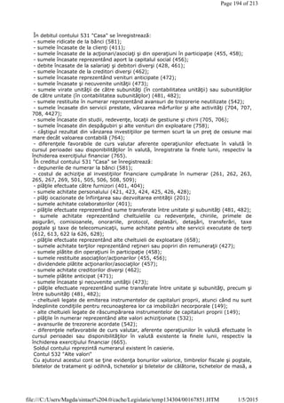 În debitul contului 531 "Casa" se înregistrează:
- sumele ridicate de la bănci (581);
- sumele încasate de la clienţi (411);
- sumele încasate de la acţionari/asociaţi şi din operaţiuni în participaţie (455, 458);
- sumele încasate reprezentând aport la capitalul social (456);
- debite încasate de la salariaţi şi debitori diverşi (428, 461);
- sumele încasate de la creditori diverşi (462);
- sumele încasate reprezentând venituri anticipate (472);
- sumele încasate şi necuvenite unităţii (473);
- sumele virate unităţii de către subunităţi (în contabilitatea unităţii) sau subunităţilor
de către unitate (în contabilitatea subunităţilor) (481, 482);
- sumele restituite în numerar reprezentând avansuri de trezorerie neutilizate (542);
- sumele încasate din servicii prestate, vânzarea mărfurilor şi alte activităţi (704, 707,
708, 4427);
- sumele încasate din studii, redevenţe, locaţii de gestiune şi chirii (705, 706);
- sumele încasate din despăgubiri şi alte venituri din exploatare (758);
- câştigul rezultat din vânzarea investiţiilor pe termen scurt la un preţ de cesiune mai
mare decât valoarea contabilă (764);
- diferenţele favorabile de curs valutar aferente operaţiunilor efectuate în valută în
cursul perioadei sau disponibilităţilor în valută, înregistrate la finele lunii, respectiv la
închiderea exerciţiului financiar (765).
În creditul contului 531 "Casa" se înregistrează:
- depunerile de numerar la bănci (581);
- costul de achiziţie al investiţiilor financiare cumpărate în numerar (261, 262, 263,
265, 267, 269, 501, 505, 506, 508, 509);
- plăţile efectuate către furnizori (401, 404);
- sumele achitate personalului (421, 423, 424, 425, 426, 428);
- plăţi ocazionate de înfiinţarea sau dezvoltarea entităţii (201);
- sumele achitate colaboratorilor (401);
- plăţile efectuate reprezentând sume transferate între unitate şi subunităţi (481, 482);
- sumele achitate reprezentând cheltuielile cu redevenţele, chiriile, primele de
asigurări, comisioanele, onorariile, protocol, deplasări, detaşări, transferări, taxe
poştale şi taxe de telecomunicaţii, sume achitate pentru alte servicii executate de terţi
(612, 613, 622 la 626, 628);
- plăţile efectuate reprezentând alte cheltuieli de exploatare (658);
- sumele achitate terţilor reprezentând reţineri sau popriri din remuneraţii (427);
- sumele plătite din operaţiuni în participaţie (458);
- sumele restituite asociaţilor/acţionarilor (455, 456);
- dividendele plătite acţionarilor/asociaţilor (457);
- sumele achitate creditorilor diverşi (462);
- sumele plătite anticipat (471);
- sumele încasate şi necuvenite unităţii (473);
- plăţile efectuate reprezentând sume transferate între unitate şi subunităţi, precum şi
între subunităţi (481, 482);
- cheltuieli legate de emiterea instrumentelor de capitaluri proprii, atunci când nu sunt
îndeplinite condiţiile pentru recunoaşterea lor ca imobilizări necorporale (149);
- alte cheltuieli legate de răscumpărarea instrumentelor de capitaluri proprii (149);
- plăţile în numerar reprezentând alte valori achiziţionate (532);
- avansurile de trezorerie acordate (542);
- diferenţele nefavorabile de curs valutar, aferente operaţiunilor în valută efectuate în
cursul perioadei sau disponibilităţilor în valută existente la finele lunii, respectiv la
închiderea exerciţiului financiar (665).
Soldul contului reprezintă numerarul existent în casierie.
Contul 532 "Alte valori"
Cu ajutorul acestui cont se ţine evidenţa bonurilor valorice, timbrelor fiscale şi poştale,
biletelor de tratament şi odihnă, tichetelor şi biletelor de călătorie, tichetelor de masă, a
Page 194 of 213
1/5/2015file:///C:/Users/Magda/sintact%204.0/cache/Legislatie/temp134304/00167851.HTM
 