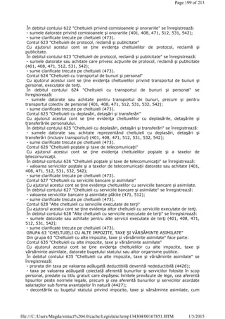 În debitul contului 622 "Cheltuieli privind comisioanele şi onorariile" se înregistrează:
- sumele datorate privind comisioanele şi onorariile (401, 408, 471, 512, 531, 542);
- sume clarificate trecute pe cheltuieli (473).
Contul 623 "Cheltuieli de protocol, reclamă şi publicitate"
Cu ajutorul acestui cont se ţine evidenţa cheltuielilor de protocol, reclamă şi
publicitate.
În debitul contului 623 "Cheltuieli de protocol, reclamă şi publicitate" se înregistrează:
- sumele datorate sau achitate care privesc acţiunile de protocol, reclamă şi publicitate
(401, 408, 471, 512, 531, 542);
- sume clarificate trecute pe cheltuieli (473).
Contul 624 "Cheltuieli cu transportul de bunuri şi personal"
Cu ajutorul acestui cont se ţine evidenţa cheltuielilor privind transportul de bunuri şi
personal, executate de terţi.
În debitul contului 624 "Cheltuieli cu transportul de bunuri şi personal" se
înregistrează:
- sumele datorate sau achitate pentru transportul de bunuri, precum şi pentru
transportul colectiv de personal (401, 408, 471, 512, 531, 532, 542);
- sume clarificate trecute pe cheltuieli (473).
Contul 625 "Cheltuieli cu deplasări, detaşări şi transferări"
Cu ajutorul acestui cont se ţine evidenţa cheltuielilor cu deplasările, detaşările şi
transferările personalului.
În debitul contului 625 "Cheltuieli cu deplasări, detaşări şi transferări" se înregistrează:
- sumele datorate sau achitate reprezentând cheltuieli cu deplasări, detaşări şi
transferări (inclusiv transportul) (401, 408, 471, 512, 531, 532, 542);
- sume clarificate trecute pe cheltuieli (473).
Contul 626 "Cheltuieli poştale şi taxe de telecomunicaţii"
Cu ajutorul acestui cont se ţine evidenţa cheltuielilor poştale şi a taxelor de
telecomunicaţii.
În debitul contului 626 "Cheltuieli poştale şi taxe de telecomunicaţii" se înregistrează:
- valoarea serviciilor poştale şi a taxelor de telecomunicaţii datorate sau achitate (401,
408, 471, 512, 531, 532, 542);
- sume clarificate trecute pe cheltuieli (473).
Contul 627 "Cheltuieli cu serviciile bancare şi asimilate"
Cu ajutorul acestui cont se ţine evidenţa cheltuielilor cu serviciile bancare şi asimilate.
În debitul contului 627 "Cheltuieli cu serviciile bancare şi asimilate" se înregistrează:
- valoarea serviciilor bancare şi asimilate plătite (471, 512);
- sume clarificate trecute pe cheltuieli (473).
Contul 628 "Alte cheltuieli cu serviciile executate de terţi"
Cu ajutorul acestui cont se ţine evidenţa altor cheltuieli cu serviciile executate de terţi.
În debitul contului 628 "Alte cheltuieli cu serviciile executate de terţi" se înregistrează:
- sumele datorate sau achitate pentru alte servicii executate de terţi (401, 408, 471,
512, 531, 542);
- sume clarificate trecute pe cheltuieli (473).
GRUPA 63 "CHELTUIELI CU ALTE IMPOZITE, TAXE ŞI VĂRSĂMINTE ASIMILATE"
Din grupa 63 "Cheltuieli cu alte impozite, taxe şi vărsăminte asimilate" face parte:
Contul 635 "Cheltuieli cu alte impozite, taxe şi vărsăminte asimilate"
Cu ajutorul acestui cont se ţine evidenţa cheltuielilor cu alte impozite, taxe şi
vărsăminte asimilate, datorate bugetului statului sau altor organisme publice.
În debitul contului 635 "Cheltuieli cu alte impozite, taxe şi vărsăminte asimilate" se
înregistrează:
- prorata din taxa pe valoarea adăugată deductibilă devenită nedeductibilă (4426);
- taxa pe valoarea adăugată colectată aferentă bunurilor şi serviciilor folosite în scop
personal, predate cu titlu gratuit care depăşesc limitele prevăzute de lege, cea aferentă
lipsurilor peste normele legale, precum şi cea aferentă bunurilor şi serviciilor acordate
salariaţilor sub forma avantajelor în natură (4427);
- decontările cu bugetul statului privind impozite, taxe şi vărsăminte asimilate, cum
Page 199 of 213
1/5/2015file:///C:/Users/Magda/sintact%204.0/cache/Legislatie/temp134304/00167851.HTM
 