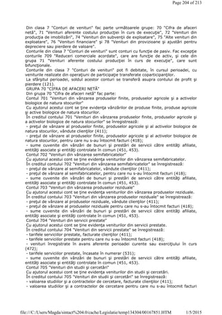 Din clasa 7 "Conturi de venituri" fac parte următoarele grupe: 70 "Cifra de afaceri
netă", 71 "Venituri aferente costului producţiei în curs de execuţie", 72 "Venituri din
producţia de imobilizări", 74 "Venituri din subvenţii de exploatare", 75 "Alte venituri din
exploatare", 76 "Venituri financiare" şi 78 "Venituri din provizioane şi ajustări pentru
depreciere sau pierdere de valoare".
Conturile din clasa 7 "Conturi de venituri" sunt conturi cu funcţie de pasiv. Fac excepţie
conturile 709 "Reduceri comerciale acordate", care are funcţie de activ, şi cele din
grupa 71 "Venituri aferente costului producţiei în curs de execuţie", care sunt
bifuncţionale.
Conturile din clasa 7 "Conturi de venituri" pot fi debitate, în cursul perioadei, cu
veniturile realizate din operaţiuni de participaţie transferate coparticipanţilor.
La sfârşitul perioadei, soldul acestor conturi se transferă asupra contului de profit şi
pierdere (121).
GRUPA 70 "CIFRA DE AFACERI NETĂ"
Din grupa 70 "Cifra de afaceri netă" fac parte:
Contul 701 "Venituri din vânzarea produselor finite, produselor agricole şi a activelor
biologice de natura stocurilor"
Cu ajutorul acestui cont se ţine evidenţa vânzărilor de produse finite, produse agricole
şi active biologice de natura stocurilor.
În creditul contului 701 "Venituri din vânzarea produselor finite, produselor agricole şi
a activelor biologice de natura stocurilor" se înregistrează:
- preţul de vânzare al produselor finite, produselor agricole şi al activelor biologice de
natura stocurilor, vândute clienţilor (411);
- preţul de vânzare al produselor finite, produselor agricole şi al activelor biologice de
natura stocurilor, pentru care nu s-au întocmit facturi (418);
- sume cuvenite din vânzări de bunuri şi prestări de servicii către entităţi afiliate,
entităţi asociate şi entităţi controlate în comun (451, 453).
Contul 702 "Venituri din vânzarea semifabricatelor"
Cu ajutorul acestui cont se ţine evidenţa veniturilor din vânzarea semifabricatelor.
În creditul contului 702 "Venituri din vânzarea semifabricatelor" se înregistrează:
- preţul de vânzare al semifabricatelor, vândute clienţilor (411);
- preţul de vânzare al semifabricatelor, pentru care nu s-au întocmit facturi (418);
- sume cuvenite din vânzări de bunuri şi prestări de servicii către entităţi afiliate,
entităţi asociate şi entităţi controlate în comun (451, 453).
Contul 703 "Venituri din vânzarea produselor reziduale"
Cu ajutorul acestui cont se ţine evidenţa veniturilor din vânzarea produselor reziduale.
În creditul contului 703 "Venituri din vânzarea produselor reziduale" se înregistrează:
- preţul de vânzare al produselor reziduale, vândute clienţilor (411);
- preţul de vânzare al produselor reziduale pentru care nu s-au întocmit facturi (418);
- sume cuvenite din vânzări de bunuri şi prestări de servicii către entităţi afiliate,
entităţi asociate şi entităţi controlate în comun (451, 453).
Contul 704 "Venituri din servicii prestate"
Cu ajutorul acestui cont se ţine evidenţa veniturilor din servicii prestate.
În creditul contului 704 "Venituri din servicii prestate" se înregistrează:
- tarifele serviciilor prestate, facturate clienţilor (411);
- tarifele serviciilor prestate pentru care nu s-au întocmit facturi (418);
- venituri înregistrate în avans aferente perioadei curente sau exerciţiului în curs
(472);
- tarifele serviciilor prestate, încasate în numerar (531);
- sume cuvenite din vânzări de bunuri şi prestări de servicii către entităţi afiliate,
entităţi asociate şi entităţi controlate în comun (451, 453).
Contul 705 "Venituri din studii şi cercetări"
Cu ajutorul acestui cont se ţine evidenţa veniturilor din studii şi cercetări.
În creditul contului 705 "Venituri din studii şi cercetări" se înregistrează:
- valoarea studiilor şi a contractelor de cercetare, facturate clienţilor (411);
- valoarea studiilor şi a contractelor de cercetare pentru care nu s-au întocmit facturi
Page 204 of 213
1/5/2015file:///C:/Users/Magda/sintact%204.0/cache/Legislatie/temp134304/00167851.HTM
 