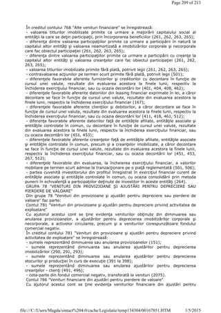 În creditul contului 768 "Alte venituri financiare" se înregistrează:
- valoarea titlurilor imobilizate primite ca urmare a majorării capitalului social al
entităţii la care se deţin participaţii, prin încorporarea beneficiilor (261, 262, 263, 265);
- diferenţa dintre valoarea participaţiilor primite ca urmare a participării în natură la
capitalul altor entităţi şi valoarea neamortizată a imobilizărilor corporale şi necorporale
care fac obiectul participaţiei (261, 262, 263, 265);
- diferenţa dintre valoarea participaţiilor primite ca urmare a participării cu creanţe la
capitalul altor entităţi şi valoarea creanţelor care fac obiectul participaţiei (261, 262,
263, 265);
- valoarea titlurilor imobilizate primite fără plată, potrivit legii (261, 262, 263, 265);
- contravaloarea acţiunilor pe termen scurt primite fără plată, potrivit legii (501);
- diferenţele favorabile aferente furnizorilor şi creditorilor cu decontare în funcţie de
cursul unei valute, rezultate din evaluarea acestora la finele lunii, respectiv la
închiderea exerciţiului financiar, sau cu ocazia decontării lor (401, 404, 408, 462);
- diferenţele favorabile aferente datoriilor din leasing financiar exprimate în lei, a căror
decontare se face în funcţie de cursul unei valute, rezultate din evaluarea acestora la
finele lunii, respectiv la închiderea exerciţiului financiar (167);
- diferenţele favorabile aferente clienţilor şi debitorilor, a căror decontare se face în
funcţie de cursul unei valute, rezultate din evaluarea acestora la finele lunii, respectiv la
închiderea exerciţiului financiar, sau cu ocazia decontării lor (411, 418, 461, 512);
- diferenţe favorabile aferente datoriilor faţă de entităţile afiliate, entităţile asociate şi
entităţile controlate în comun, cu decontare în funcţie de cursul unei valute, rezultate
din evaluarea acestora la finele lunii, respectiv la închiderea exerciţiului financiar, sau
cu ocazia decontării lor (451, 453);
- diferenţele favorabile aferente creanţelor faţă de entităţile afiliate, entităţile asociate
şi entităţile controlate în comun, precum şi a creanţelor imobilizate, a căror decontare
se face în funcţie de cursul unei valute, rezultate din evaluarea acestora la finele lunii,
respectiv la închiderea exerciţiului financiar, sau cu ocazia decontării lor (451, 453,
267, 512);
- diferenţele favorabile din evaluarea, la încheierea exerciţiului financiar, a valorilor
mobiliare pe termen scurt admise la tranzacţionare pe o piaţă reglementată (501, 506);
- partea cuvenită investitorului din profitul înregistrat în exerciţiul financiar curent de
entităţile asociate şi entităţile controlate în comun, cu ocazia consolidării prin metoda
punerii în echivalenţă a participaţiilor deţinute de investitor în aceste entităţi (264).
GRUPA 78 "VENITURI DIN PROVIZIOANE ŞI AJUSTĂRI PENTRU DEPRECIERE SAU
PIERDERE DE VALOARE"
Din grupa 78 "Venituri din provizioane şi ajustări pentru depreciere sau pierdere de
valoare" fac parte:
Contul 781 "Venituri din provizioane şi ajustări pentru depreciere privind activitatea de
exploatare"
Cu ajutorul acestui cont se ţine evidenţa veniturilor obţinute din diminuarea sau
anularea provizioanelor, a ajustărilor pentru deprecierea imobilizărilor corporale şi
necorporale, a activelor circulante, precum şi a veniturilor corespunzătoare fondului
comercial negativ.
În creditul contului 781 "Venituri din provizioane şi ajustări pentru depreciere privind
activitatea de exploatare" se înregistrează:
- sumele reprezentând diminuarea sau anularea provizioanelor (151);
- sumele reprezentând diminuarea sau anularea ajustărilor pentru deprecierea
imobilizărilor (290, 291, 293);
- sumele reprezentând diminuarea sau anularea ajustărilor pentru deprecierea
stocurilor şi producţiei în curs de execuţie (391 la 398);
- sumele reprezentând diminuarea sau anularea ajustărilor pentru deprecierea
creanţelor - clienţi (491, 496);
- cota-parte din fondul comercial negativ, transferată la venituri (2075).
Contul 786 "Venituri financiare din ajustări pentru pierdere de valoare"
Cu ajutorul acestui cont se ţine evidenţa veniturilor financiare din ajustări pentru
Page 209 of 213
1/5/2015file:///C:/Users/Magda/sintact%204.0/cache/Legislatie/temp134304/00167851.HTM
 