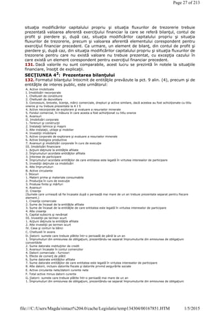 situaţia modificărilor capitalului propriu şi situaţia fluxurilor de trezorerie trebuie
prezentată valoarea aferentă exerciţiului financiar la care se referă bilanţul, contul de
profit şi pierdere şi, după caz, situaţia modificărilor capitalului propriu şi situaţia
fluxurilor de trezorerie, precum şi valoarea aferentă elementului corespondent pentru
exerciţiul financiar precedent. Ca urmare, un element de bilanţ, din contul de profit şi
pierdere şi, după caz, din situaţia modificărilor capitalului propriu şi situaţia fluxurilor de
trezorerie pentru care nu există valoare nu trebuie prezentat, cu excepţia cazului în
care există un element corespondent pentru exerciţiul financiar precedent.
131. Dacă valorile nu sunt comparabile, acest lucru se prezintă în notele la situaţiile
financiare, însoţit de explicaţii.
SECŢIUNEA 42
: Prezentarea bilanţului
132. Formatul bilanţului întocmit de entităţile prevăzute la pct. 9 alin. (4), precum şi de
entităţile de interes public, este următorul:
A. Active imobilizate
I. Imobilizări necorporale
1. Cheltuieli de constituire
2. Cheltuieli de dezvoltare
3. Concesiuni, brevete, licenţe, mărci comerciale, drepturi şi active similare, dacă acestea au fost achiziţionate cu titlu
oneros şi nu trebuie prezentate la A I 5
4. Active necorporale de explorare şi evaluare a resurselor minerale
5. Fondul comercial, în măsura în care acesta a fost achiziţionat cu titlu oneros
6. Avansuri
II. Imobilizări corporale
1. Terenuri şi construcţii
2. Instalaţii tehnice şi maşini
3. Alte instalaţii, utilaje şi mobilier
4. Investiţii imobiliare
5. Active corporale de explorare şi evaluare a resurselor minerale
6. Active biologice productive
7. Avansuri şi imobilizări corporale în curs de execuţie
III. Imobilizări financiare
1. Acţiuni deţinute la entităţile afiliate
2. Împrumuturi acordate entităţilor afiliate
3. Interese de participare
4. Împrumuturi acordate entităţilor de care entitatea este legată în virtutea intereselor de participare
5. Investiţii deţinute ca imobilizări
6. Alte împrumuturi
B. Active circulante
I. Stocuri
1. Materii prime şi materiale consumabile
2. Producţia în curs de execuţie
3. Produse finite şi mărfuri
4. Avansuri
II. Creanţe
(Sumele care urmează să fie încasate după o perioadă mai mare de un an trebuie prezentate separat pentru fiecare
element.)
1. Creanţe comerciale
2. Sume de încasat de la entităţile afiliate
3. Sume de încasat de la entităţile de care entitatea este legată în virtutea intereselor de participare
4. Alte creanţe
5. Capital subscris şi nevărsat
III. Investiţii pe termen scurt
1. Acţiuni deţinute la entităţile afiliate
2. Alte investiţii pe termen scurt
IV. Casa şi conturi la bănci
C. Cheltuieli în avans
D. Datorii: sumele care trebuie plătite într-o perioadă de până la un an
1. Împrumuturi din emisiunea de obligaţiuni, prezentându-se separat împrumuturile din emisiunea de obligaţiuni
convertibile
2. Sume datorate instituţiilor de credit
3. Avansuri încasate în contul comenzilor
4. Datorii comerciale - furnizori
5. Efecte de comerţ de plătit
6. Sume datorate entităţilor afiliate
7. Sume datorate entităţilor de care entitatea este legată în virtutea intereselor de participare
8. Alte datorii, inclusiv datoriile fiscale şi datoriile privind asigurările sociale
E. Active circulante nete/datorii curente nete
F. Total active minus datorii curente
G. Datorii: sumele care trebuie plătite într-o perioadă mai mare de un an
1. Împrumuturi din emisiunea de obligaţiuni, prezentându-se separat împrumuturile din emisiunea de obligaţiuni
Page 27 of 213
1/5/2015file:///C:/Users/Magda/sintact%204.0/cache/Legislatie/temp134304/00167851.HTM
 
