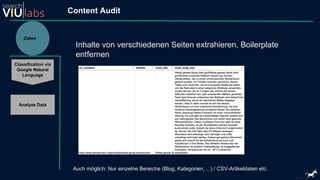 Daten
Classification via
Google Natural
Language
Analyze Data
Content Audit
Inhalte von verschiedenen Seiten extrahieren, Boilerplate
entfernen
Auch möglich: Nur einzelne Bereiche (Blog, Kategorien, ...) / CSV-Artikeldaten etc.
 
