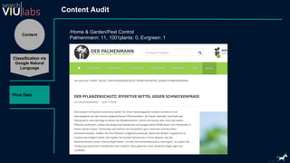 Content
Classification via
Google Natural
Language
Pivot Data
Content Audit
/Home & Garden/Pest Control
Palmenmann: 11, 1001plants: 0, Evrgreen: 1
 