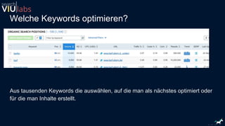 Welche Keywords optimieren?
Aus tausenden Keywords die auswählen, auf die man als nächstes optimiert oder
für die man Inhalte erstellt.
 