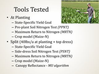 Tools Tested
• At Planting
– State-Specific Yield Goal
– Pre-plant Soil Nitrogen Test (PPNT)
– Maximum Return to Nitrogen (MRTN)
– Crop model (Maize-N)
• Split (40lbs/a at planting + top dress)
– State-Specific Yield Goal
– Side-dress Soil Nitrogen Test (PSNT)
– Maximum Return to Nitrogen (MRTN)
– Crop model (Maize-N)
– Canopy Reflectance - MU algorithm
 