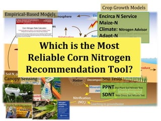 PPNT Pre-Plant Soil Nitrate Test
SDNT Side-Dress Soil Nitrate Test
Crop Growth Models
Empirical-Based Models
Canopy Sensing Soil Tests
Encirca N Service
Maize-N
Climate: Nitrogen Advisor
Adapt-N
Which is the Most
Reliable Corn Nitrogen
Recommendation Tool?
 