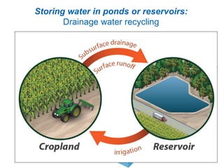 Storing water in ponds or reservoirs:
Drainage water recycling
Subirrigation
 