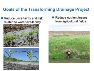 Goals of the Transforming Drainage Project
 Reduce uncertainty and risk
related to water availability
 Reduce nutrient losses
from agricultural fields
 