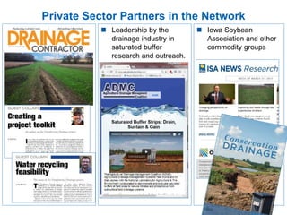 Private Sector Partners in the Network
a  Leadership by the
drainage industry in
saturated buffer
research and outreach.
 Iowa Soybean
Association and other
commodity groups
 