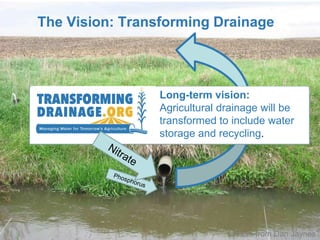 The Vision: Transforming Drainage
Photo from Dan Jaynes
Long-term vision:
Agricultural drainage will be
transformed to include water
storage and recycling.
 