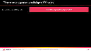Themenmanagement am Beispiel Wirecard
Mittwoch, 7. März 2018 Copyright Scompler GmbH (all rights reserved) 74
„Erleichterung des Zahlungsverkehrs“Die Leitidee / Core Story, z.B.:
 