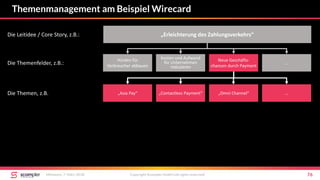 Themenmanagement am Beispiel Wirecard
Mittwoch, 7. März 2018 Copyright Scompler GmbH (all rights reserved) 76
„Erleichterung des Zahlungsverkehrs“
Die Themenfelder, z.B.:
Die Leitidee / Core Story, z.B.:
„Asia Pay“ „Omni Channel“ …„Contactless Payment“Die Themen, z.B.
Hürden für
Verbraucher abbauen
Neue Geschäfts-
chancen durch Payment
…
Kosten und Aufwand
für Unternehmen
reduzieren
 
