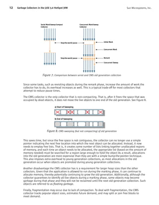 12   Garbage Collectors in the J2SE 5.0 HotSpot JVM                                                               Sun Microsystems, Inc.




                          Serial Mark-Sweep-Compact                    Concurrent Mark-Sweep
                          Collector                                    Collector




                                                Stop-the-world pause                           Initial Mark


                                                                                               Concurrent Mark



                                                Stop-the-world pause                           Remark

                                                                                               Concurrent Sweep




                            Figure 7. Comparison between serial and CMS old generation collection

          Since some tasks, such as revisiting objects during the remark phase, increase the amount of work the
          collector has to do, its overhead increases as well. This is a typical trade-off for most collectors that
          attempt to reduce pause times.

          The CMS collector is the only collector that is non-compacting. That is, after it frees the space that was
          occupied by dead objects, it does not move the live objects to one end of the old generation. See Figure 8.

                                         a) Start of Sweeping




                                         b) End of Sweeping




                                 Figure 8. CMS sweeping (but not compacting) of old generation


          This saves time, but since the free space is not contiguous, the collector can no longer use a simple
          pointer indicating the next free location into which the next object can be allocated. Instead, it now
          needs to employ free lists. That is, it creates some number of lists linking together unallocated regions
          of memory, and each time an object needs to be allocated, the appropriate list (based on the amount of
          memory needed) must be searched for a region large enough to hold the object As a result, allocations
          into the old generation are more expensive than they are with a simple bump-the-pointer technique.
          This also imposes extra overhead to young generation collections, as most allocations in the old
          generation occur when objects are promoted during young generation collections.

          Another disadvantage the CMS collector has is a requirement for larger heap sizes than the other
          collectors. Given that the application is allowed to run during the marking phase, it can continue to
          allocate memory, thereby potentially continuing to grow the old generation. Additionally, although the
          collector guarantees to identify all live objects during a marking phase, some objects may become
          garbage during that phase and they will not be reclaimed until the next old generation collection. Such
          objects are referred to as floating garbage.

          Finally, fragmentation may occur due to lack of compaction. To deal with fragmentation, the CMS
          collector tracks popular object sizes, estimates future demand, and may split or join free blocks to
          meet demand.
 