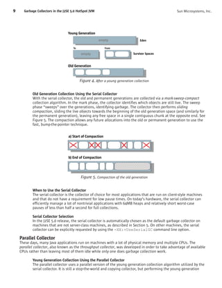 9     Garbage Collectors in the J2SE 5.0 HotSpot JVM                                                  Sun Microsystems, Inc.




                                  Young Generation
                                                       empty                      Eden

                                      To                   From

                                           empty                             Survivor Spaces


                                  Old Generation


                                           Figure 4. After a young generation collection


           Old Generation Collection Using the Serial Collector
           With the serial collector, the old and permanent generations are collected via a mark-sweep-compact
           collection algorithm. In the mark phase, the collector identifies which objects are still live. The sweep
           phase “sweeps” over the generations, identifying garbage. The collector then performs sliding
           compaction, sliding the live objects towards the beginning of the old generation space (and similarly for
           the permanent generation), leaving any free space in a single contiguous chunk at the opposite end. See
           Figure 5. The compaction allows any future allocations into the old or permanent generation to use the
           fast, bump-the-pointer technique.

                                  a) Start of Compaction




                                  b) End of Compaction




                                           Figure 5. Compaction of the old generation


           When to Use the Serial Collector
           The serial collector is the collector of choice for most applications that are run on client-style machines
           and that do not have a requirement for low pause times. On today’s hardware, the serial collector can
           efficiently manage a lot of nontrivial applications with 64MB heaps and relatively short worst-case
           pauses of less than half a second for full collections.

           Serial Collector Selection
           In the J2SE 5.0 release, the serial collector is automatically chosen as the default garbage collector on
           machines that are not server-class machines, as described in Section 5. On other machines, the serial
           collector can be explicitly requested by using the -XX:+UseSerialGC command line option.

    Parallel Collector
    These days, many Java applications run on machines with a lot of physical memory and multiple CPUs. The
    parallel collector, also known as the throughput collector, was developed in order to take advantage of available
    CPUs rather than leaving most of them idle while only one does garbage collection work.

           Young Generation Collection Using the Parallel Collector
           The parallel collector uses a parallel version of the young generation collection algorithm utilized by the
           serial collector. It is still a stop-the-world and copying collector, but performing the young generation
 