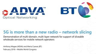 5G is more than a new radio – network slicing
Anthony Magee (ADVA) and Maria Cuevas (BT)
Demonstration of multi-domain, multi-layer network for support of sliceable
wholesale services for mobile network operators
February 2018 – Mobile World Congress
 