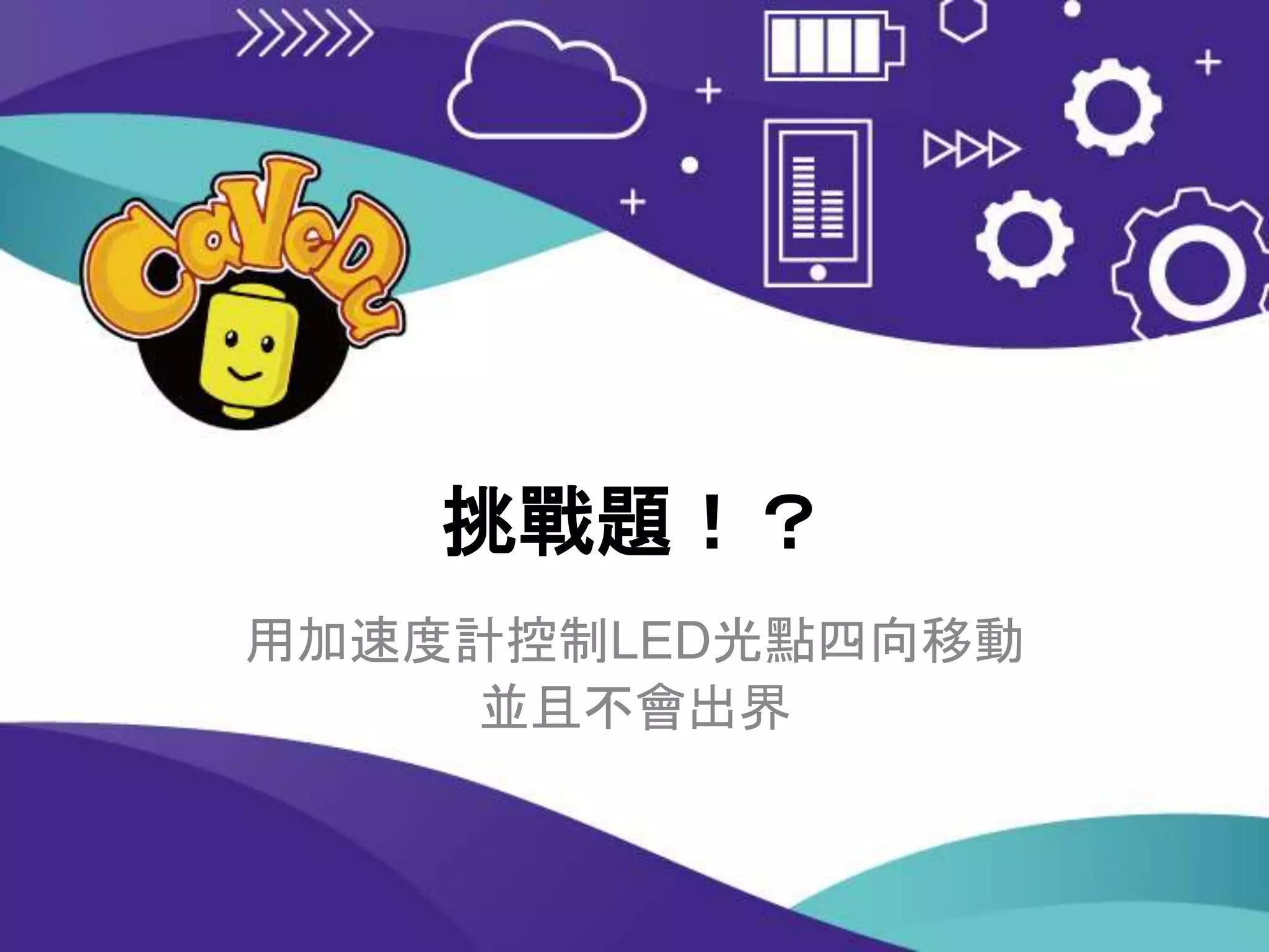 挑戰題！？
用加速度計控制LED光點四向移動
並且不會出界
 