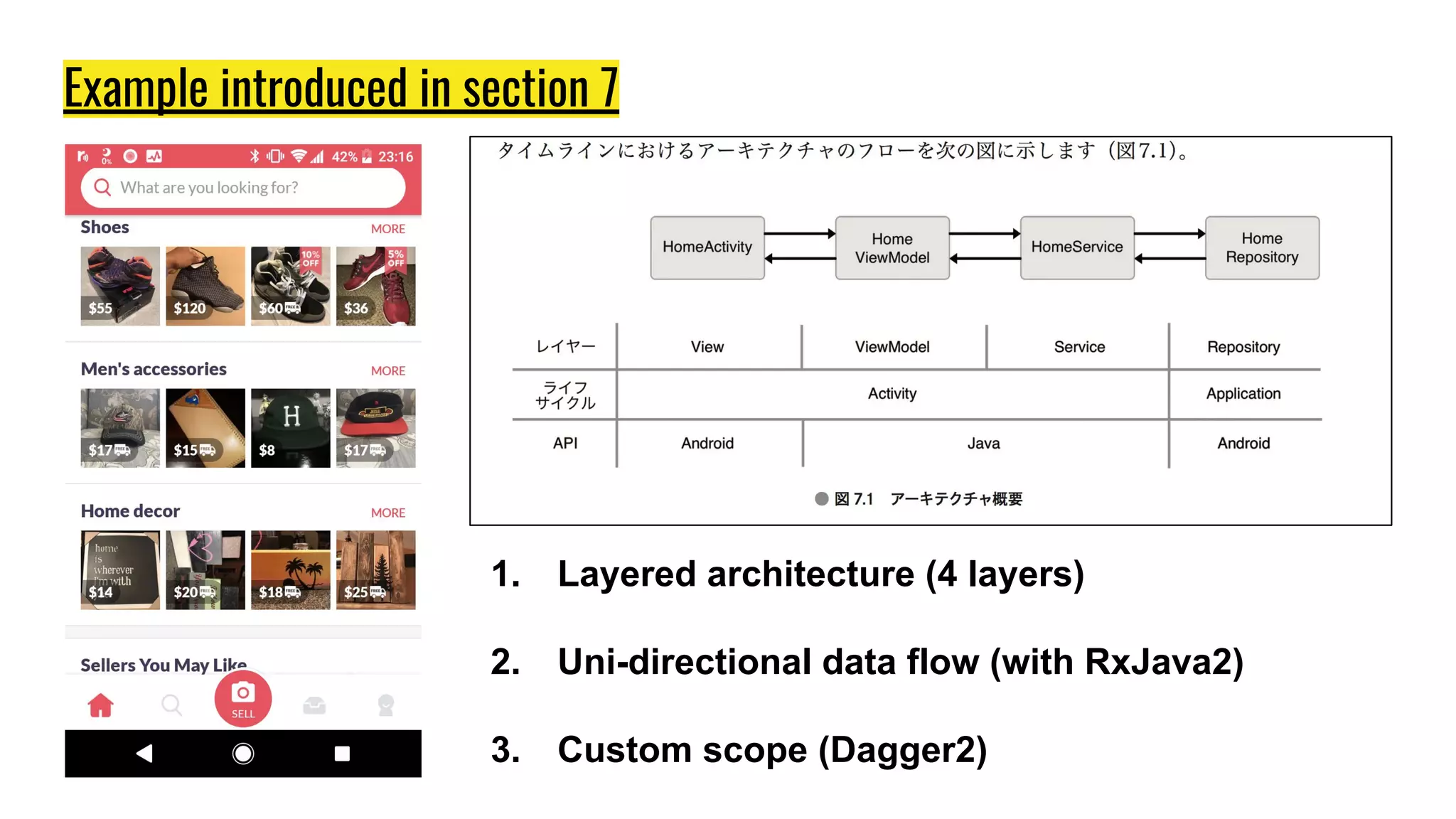 Example introduced in section 7
1. Layered architecture (4 layers)
2. Uni-directional data flow (with RxJava2)
3. Custom scope (Dagger2)
 