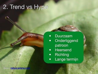 Bron: natuur.ariena.com
2. Trend vs Hype
• Duurzaam

• Onderliggend
patroon

• Heersend

• Richting

• Lange termijn
 