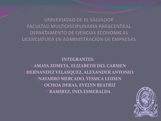 INTEGRANTES:
AMAYA ZOMETA, ELIZABETH DEL CARMEN
HERNANDEZ VELASQUEZ, ALEXANDER ANTONIO
NAVARRO MERCADO, YESSICA LEIDEN
OCHOA DERAS, EVELYN BEATRIZ
RAMIREZ, INES ESMERALDA
 