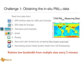 Challenge 1: Obtaining the in-situ PM2.5 data
Real time data from:
1. EPA AirNow data for USA and Canada
2. EEA data for Europe
3. Tasmania and Australia
4. Israel
5. Russia
6. Asia and Latin America by scraping http://aqicn.org/map/
7. Harvesting social media (twitter feeds from US Embassies)

Relative low bandwidth from multiple sites every 5 minutes

 