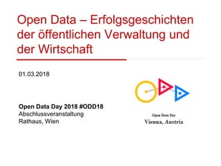 Open Data – Erfolgsgeschichten
der öffentlichen Verwaltung und
der Wirtschaft
01.03.2018
Open Data Day 2018 #ODD18
Abschlussveranstaltung
Rathaus, Wien
 